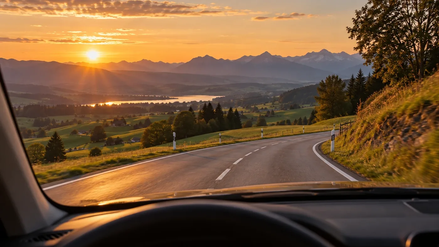 Blick durch die Windschutzscheibe auf eine kurvige Landstraße im Allgäu bei Sonnenuntergang