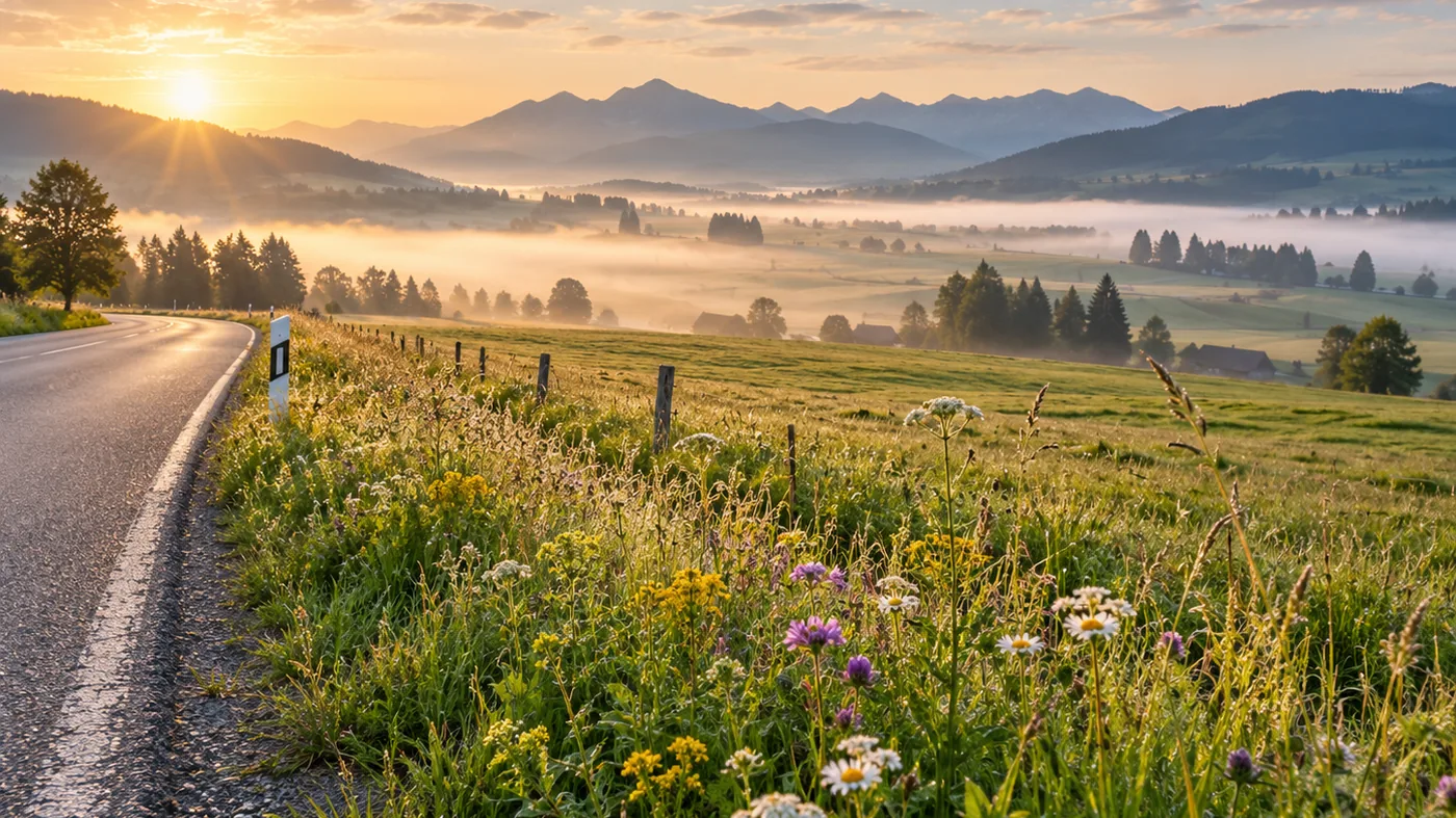 Leere Landstraße im Allgäu am Morgen, Wildblumen am Straßenrand, Nebel über den Feldern