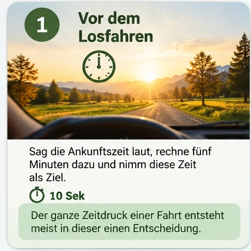 Übungskarte 1: Vor dem Losfahren. Sag die Ankunftszeit laut, rechne fünf Minuten dazu und nimm diese Zeit als Ziel.