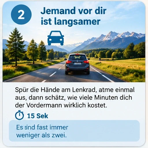 Übungskarte 2: Jemand vor dir ist langsamer. Spür die Hände am Lenkrad, atme einmal aus, dann schätz, wie viele Minuten dich der Vordermann wirklich kostet.