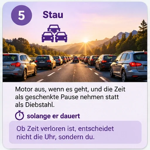 Übungskarte 5: Stau. Motor aus, wenn es geht, und die Zeit als geschenkte Pause nehmen statt als Diebstahl.