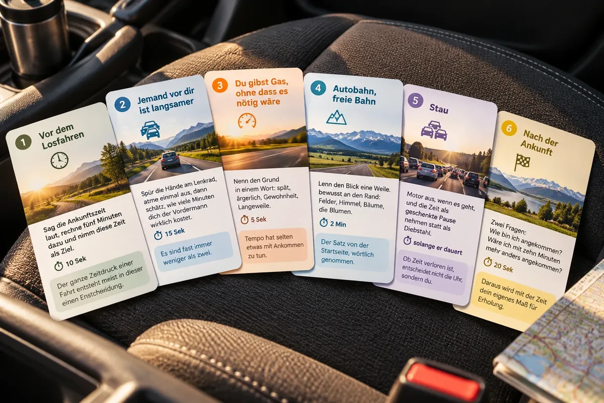 Sechs Übungskarten des Peace-o-Meters, gefächert auf einem Autositz